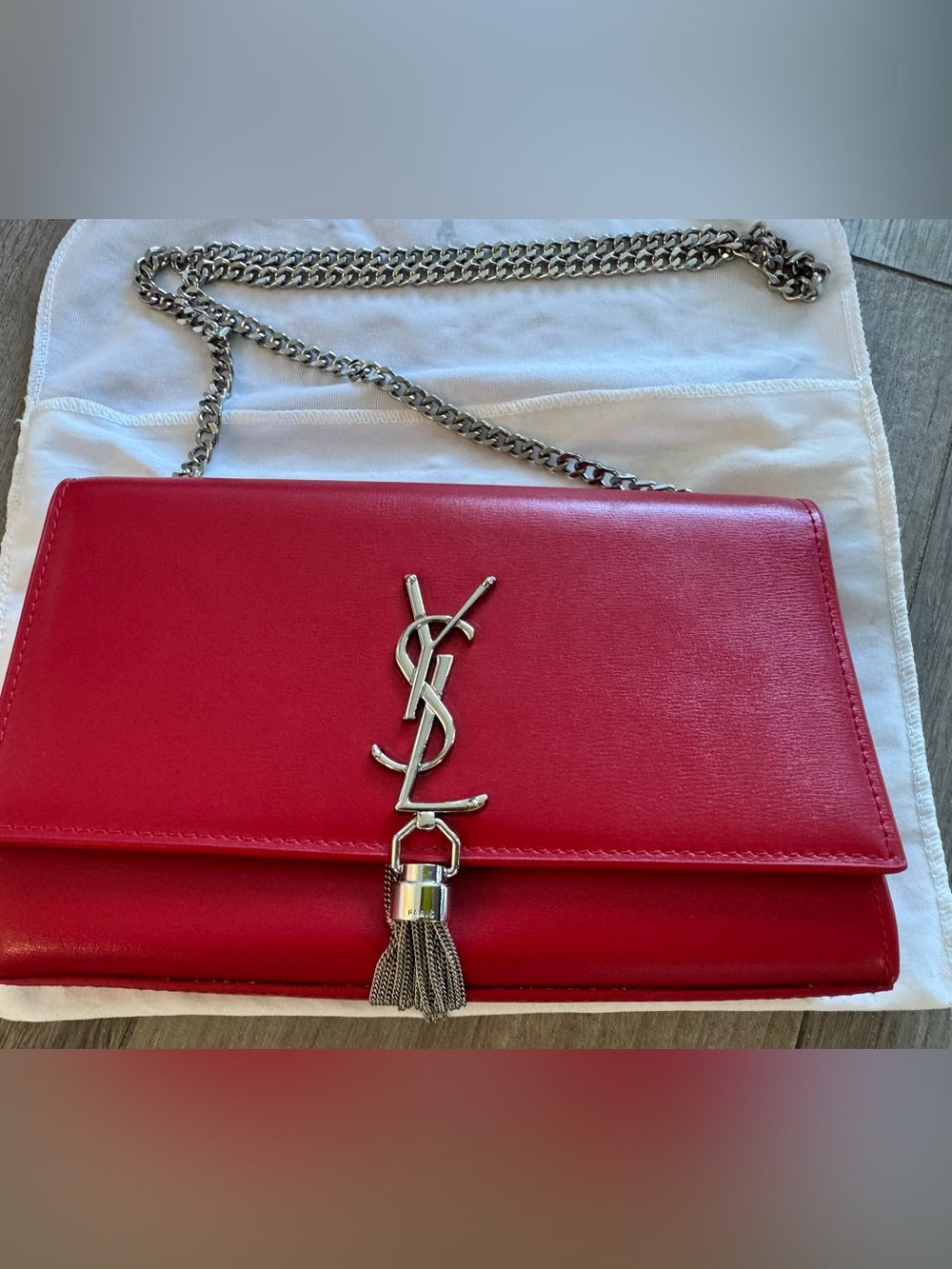 Red Shoulder Bag with Silver Hardware Kate tassel clutch YSL